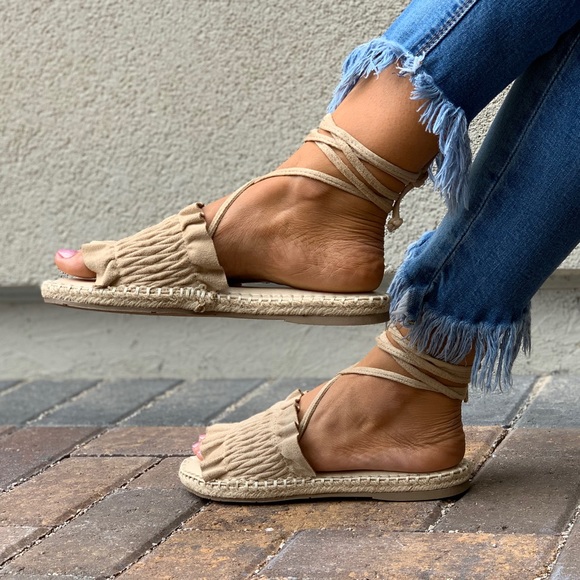 Cream Scrunch Vamp Lace Up Espadrille Sandals - Picture 8 of 8